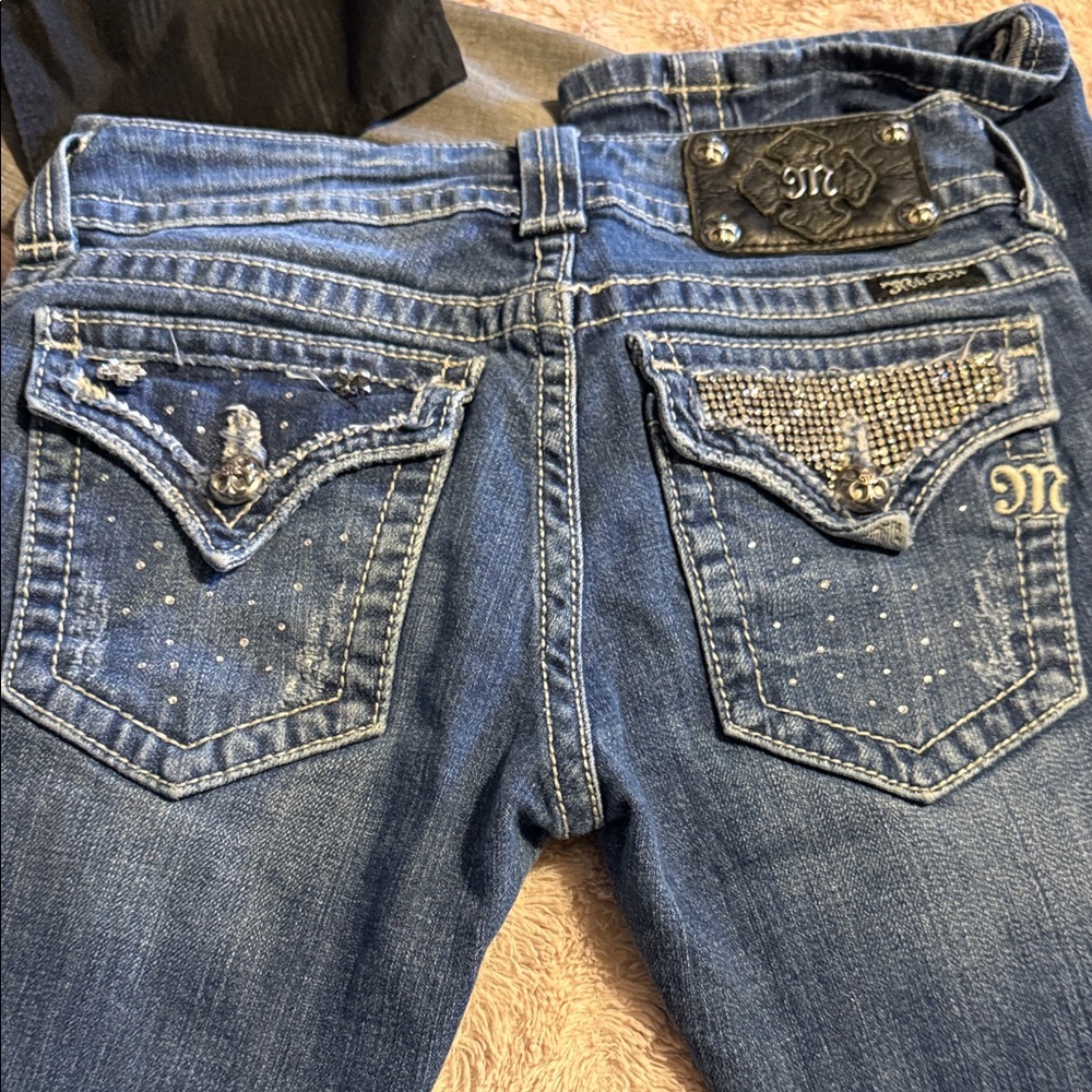 Miss Me Blue Boot Cut Jeans with Rhinestone & Studded Pocket Detail